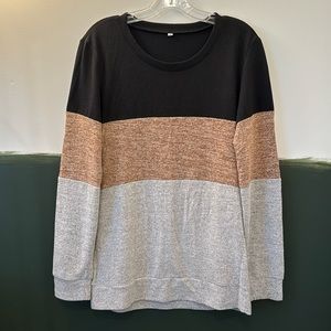 Medium lightweight sweater. Heathered gray, brown and black.